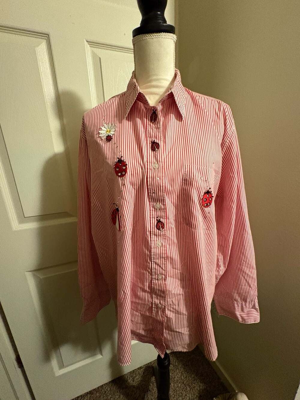 Vintage Cottage Grandmacore Las Olas Button Up Striped Embroidered Ladybug Top